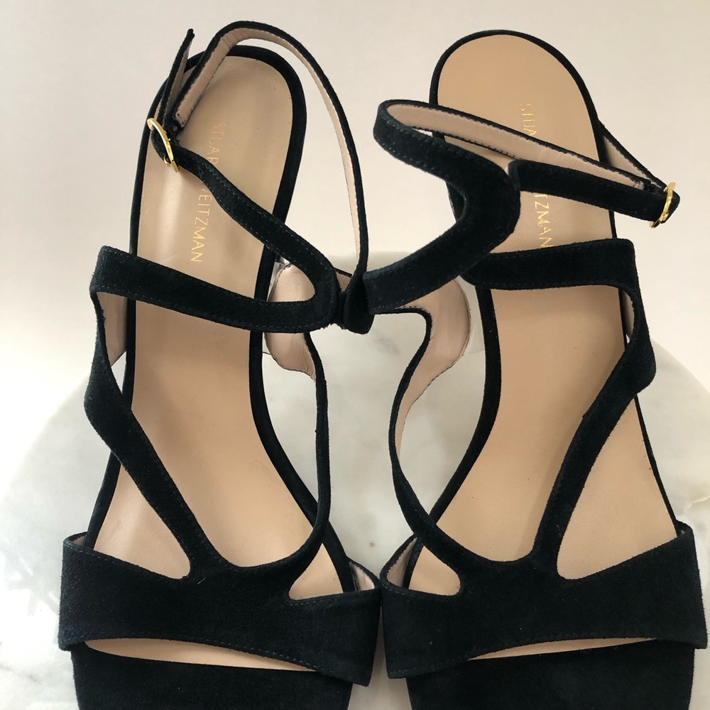 STUART WEITZMAN Mariposa Black Suede Leather Cutout High Heel Sandals - Picture 5 of 15